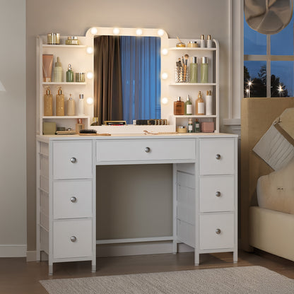 Design-Schminktisch Weiß | Robustes Eisen-Gestell & Stoff-Schubladen | LED-Beleuchtung | Großer HD-Spiegel | 7 Schubladen & 6 Regalfächer
