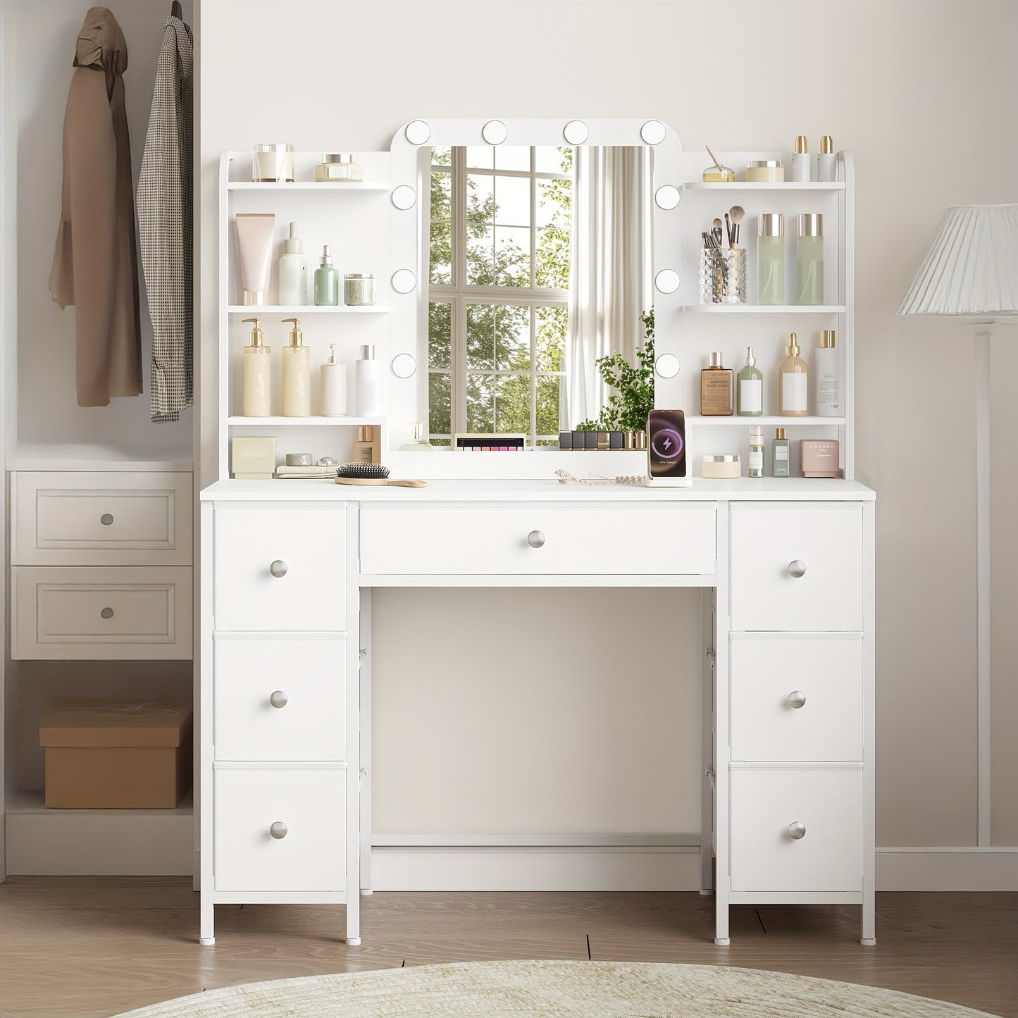 Design-Schminktisch Weiß | Robustes Eisen-Gestell & Stoff-Schubladen | LED-Beleuchtung | Großer HD-Spiegel | 7 Schubladen & 6 Regalfächer