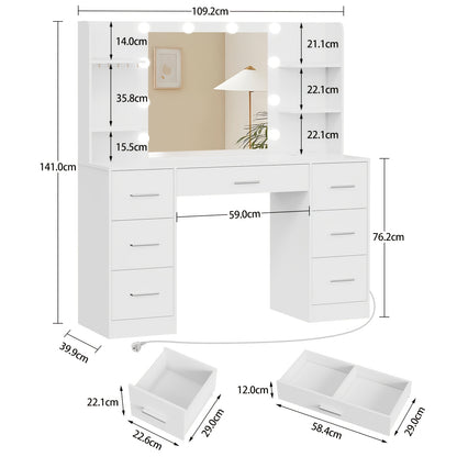 Luxus XXL-Schminktisch | LED-Beleuchtung & Integrierte Steckdose | 7 Schubladen, 4 Regale & 5 Haken | Maximale Organisation für Schlafzimmer & Bad