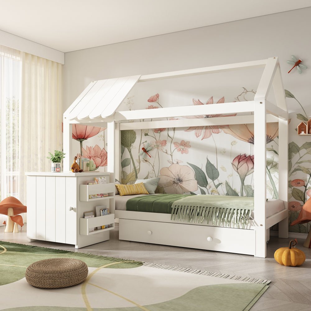 Kinderbett im Blockhaus-Design | 90x200 cm | Nachttisch Schublade | Modernes Hausbett