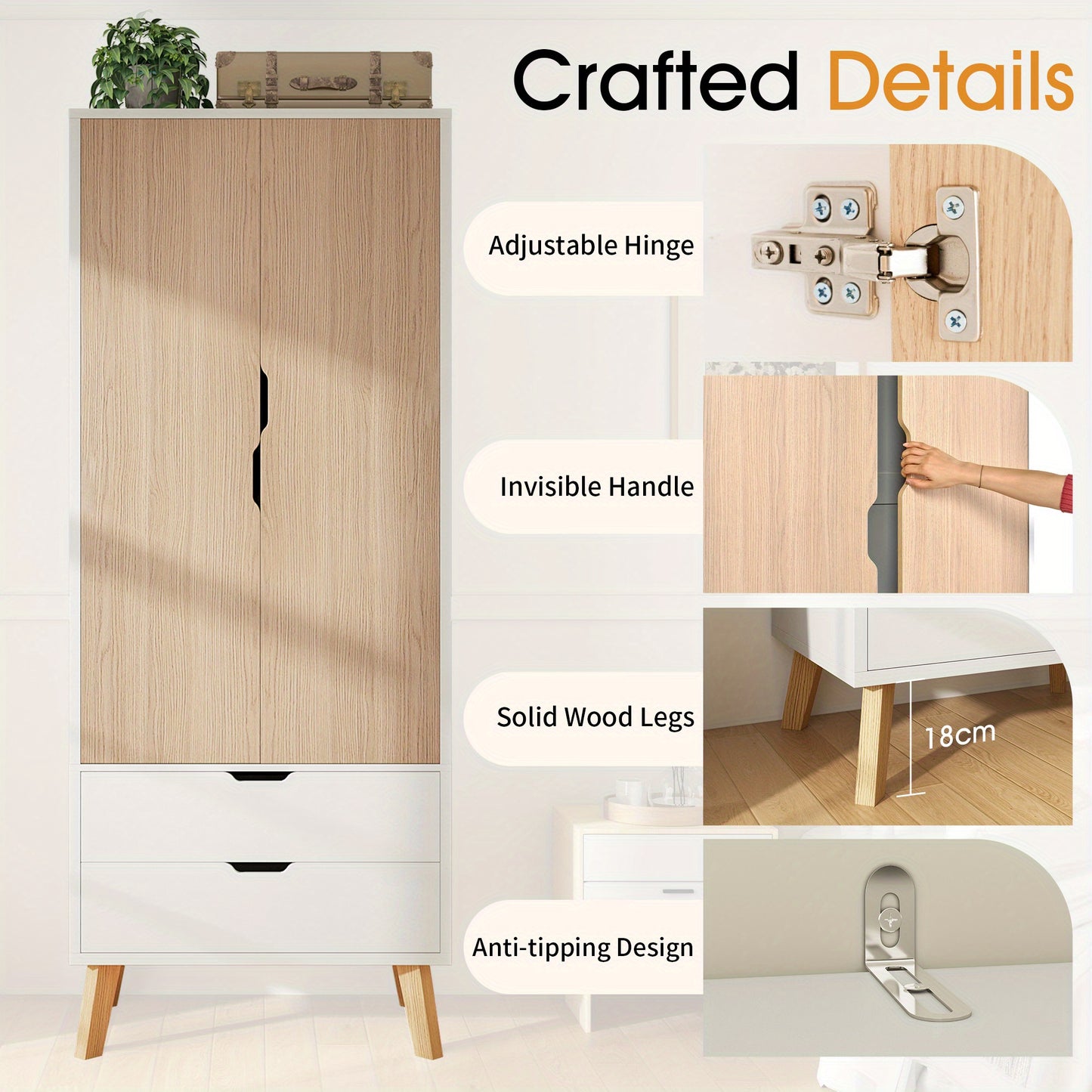 Moderner Design-Kleiderschrank | Weiß & Eiche-Optik | 198 cm Hoch | Inkl. Kleiderstange & 2 Schubladen | Schlankes Raumwunder