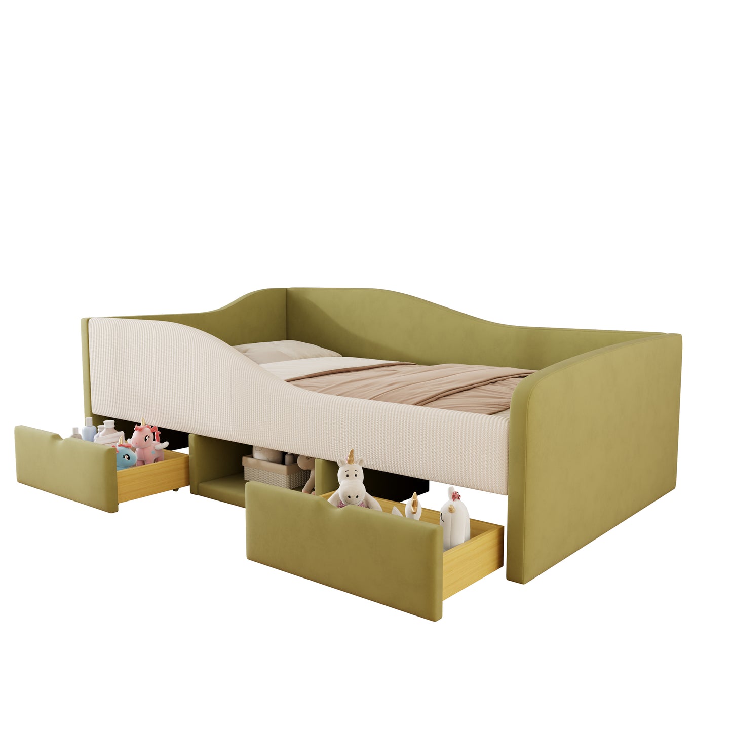 Multifunktionales Kinder- & Polsterbett 90x190 cm | Weicher Samtbezug | 2 Schubladen & Rausfallschutz | Dunkelgrün + Cremeweiß