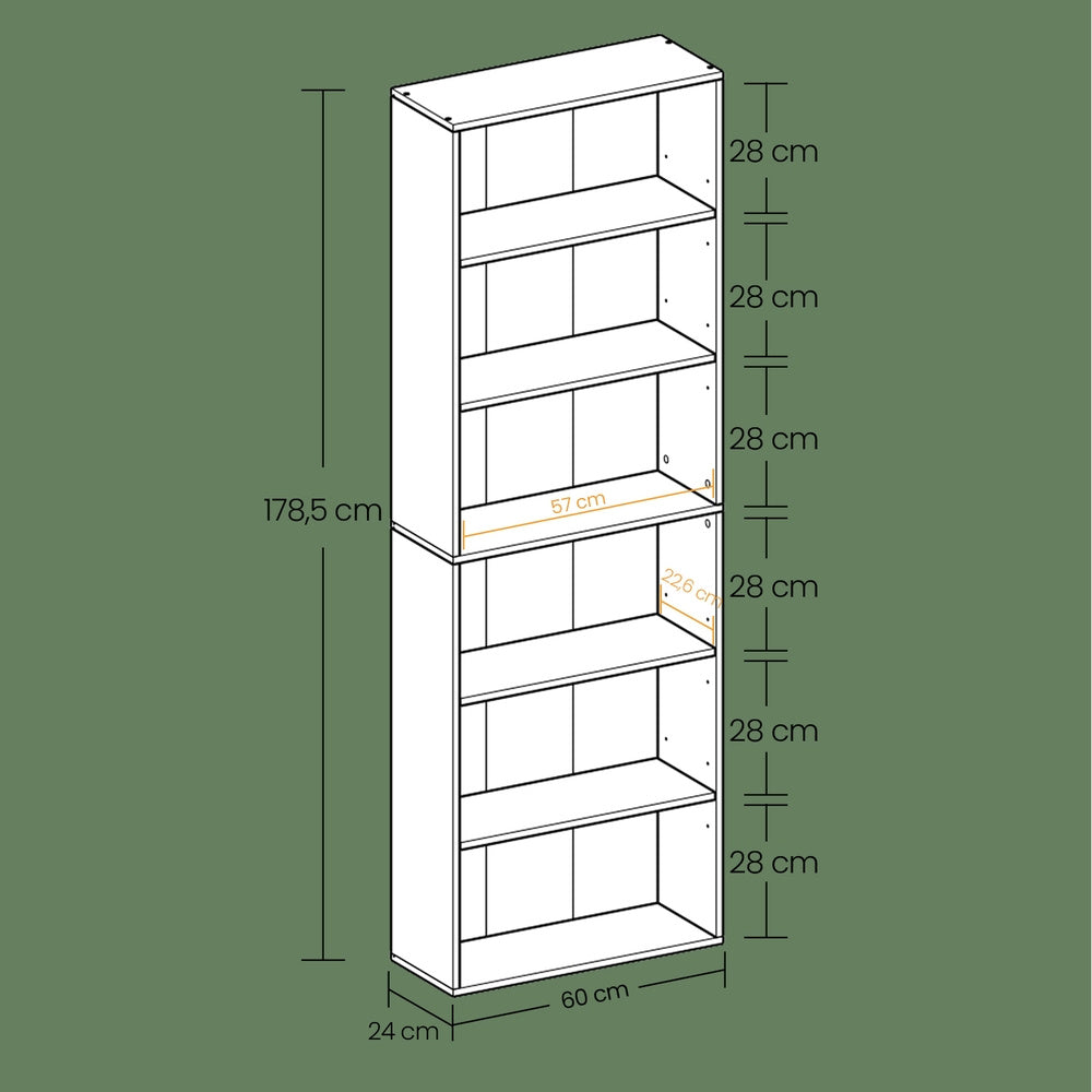 Skandinavisches Standregal mit 6 Ebenen | Schlankes Bücherregal |  Weiß & Naturholz-Optik | 24 X 60 X 178.5 cm