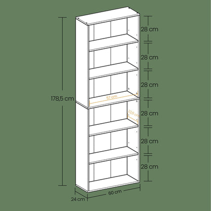 Skandinavisches Standregal mit 6 Ebenen | Schlankes Bücherregal |  Weiß & Naturholz-Optik | 24 X 60 X 178.5 cm