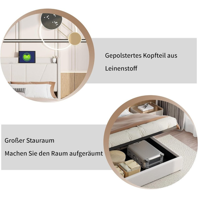 Design-Polsterbett mit USB & USB-C Ladestation | Hydraulik-Stauraum | Kopfteil mit Ablage | Leinen-Optik 160 X 200