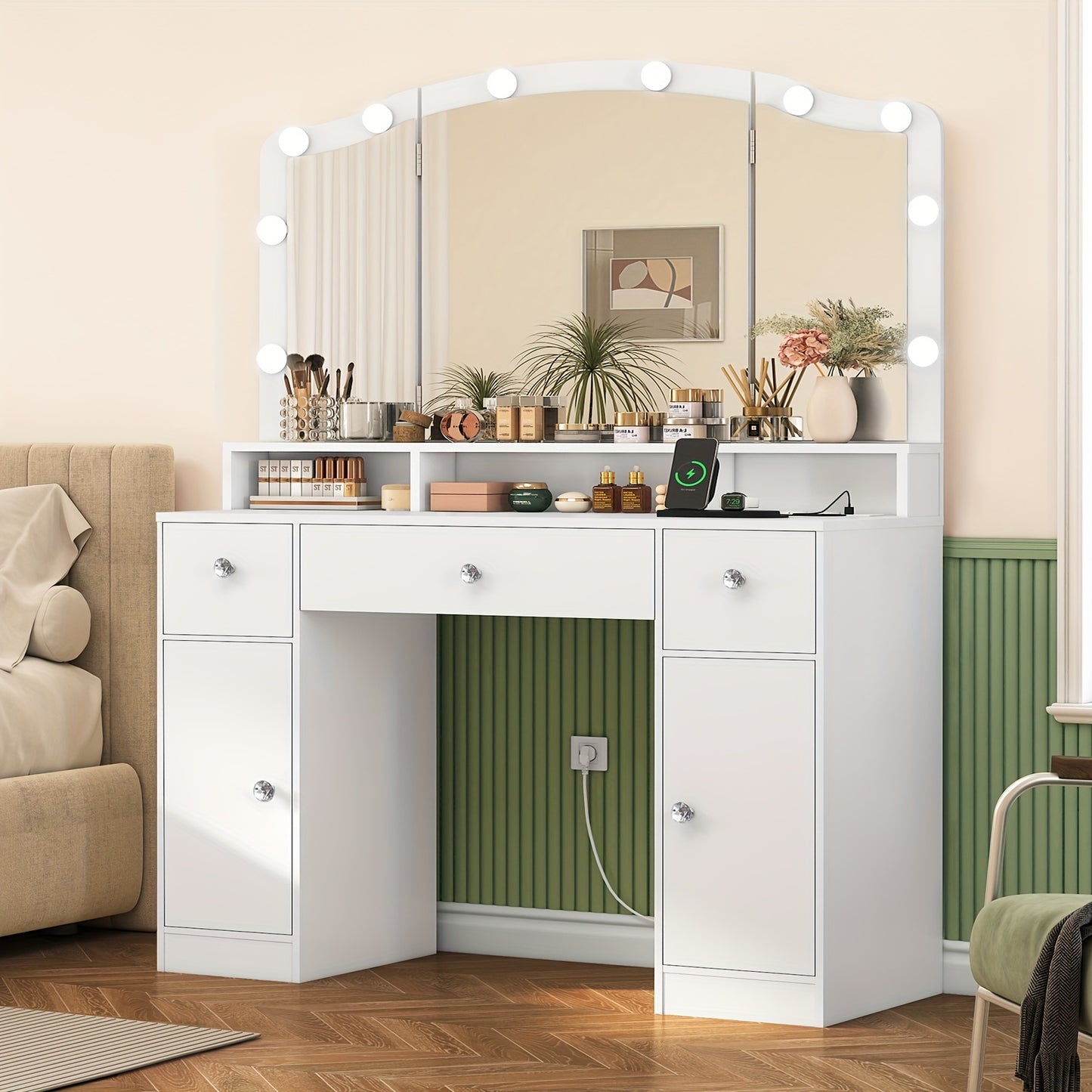 Exklusiver Schminktisch in Weiß | 3-teiliger Faltspiegel | 3 Schubladen & 2 Schränke | Modernes Design für Ihr Schlafzimmer