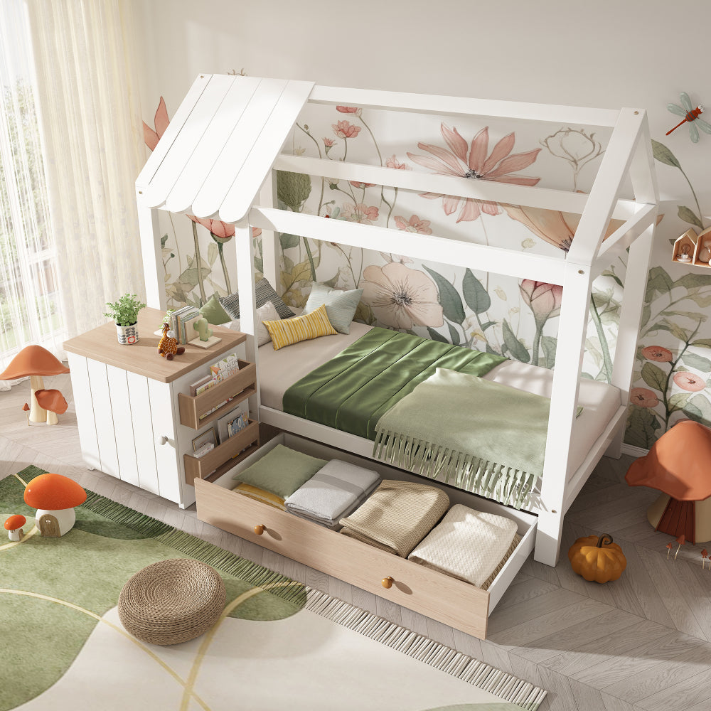 Kinderbett im Blockhaus-Design | 90x200 cm | Nachttisch Schublade | Modernes Hausbett