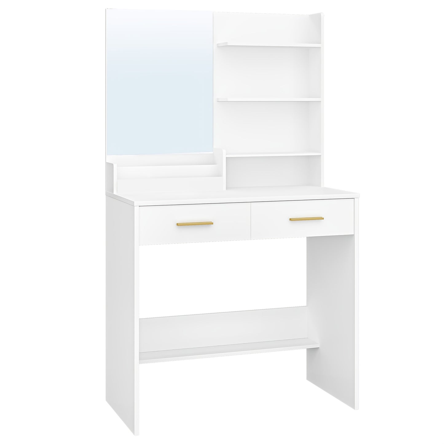 Moderner Schminktisch in Weiß | Kompakte Vanity Unit mit Spiegel | 4 offene Regale & 2 Schubladen | Elegantes Design für Schlaf- & Wohnzimmer