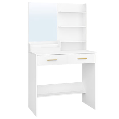 Moderner Schminktisch in Weiß | Kompakte Vanity Unit mit Spiegel | 4 offene Regale & 2 Schubladen | Elegantes Design für Schlaf- & Wohnzimmer