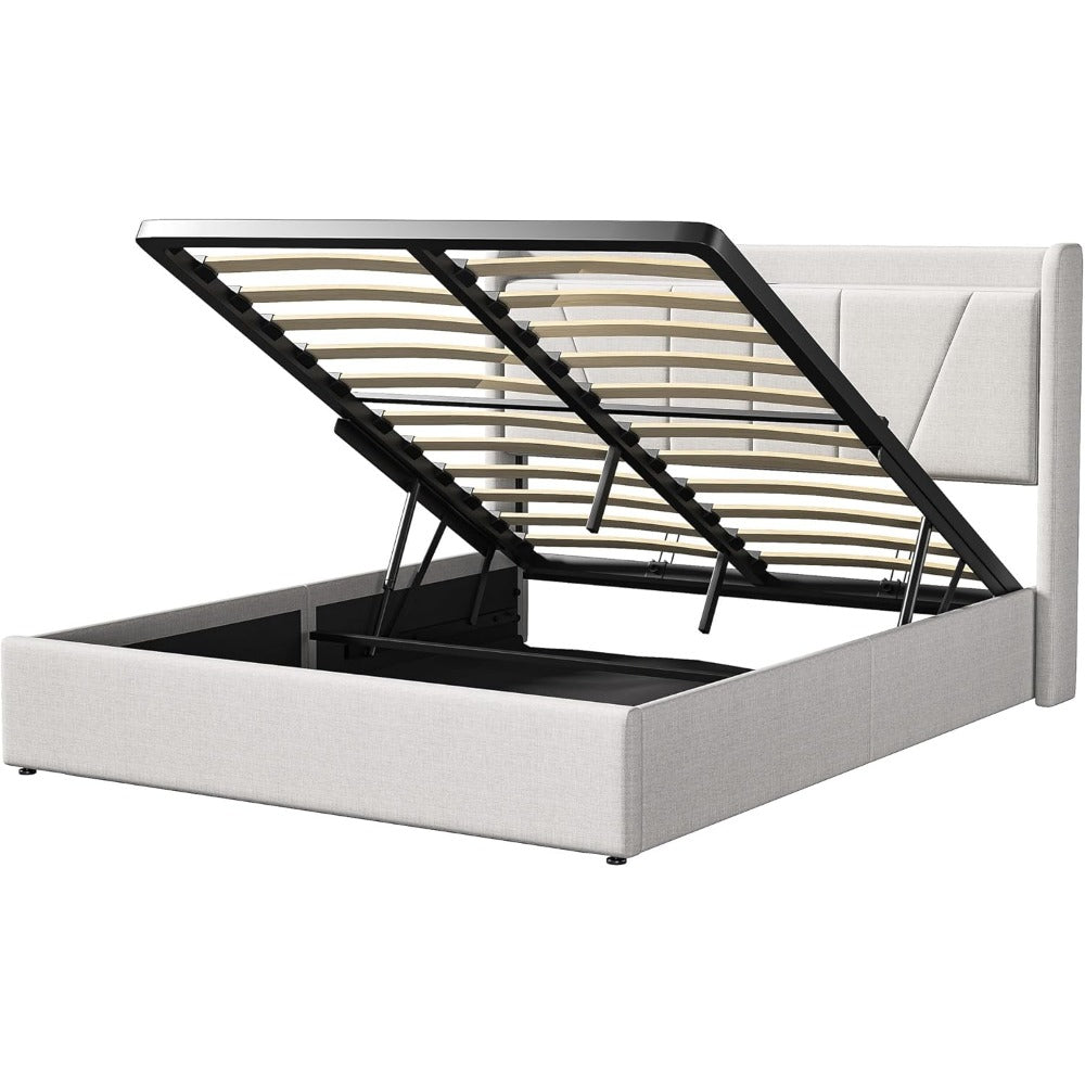 Design-Polsterbett mit USB & USB-C Ladestation | Hydraulik-Stauraum | Kopfteil mit Ablage | Leinen-Optik 160 X 200