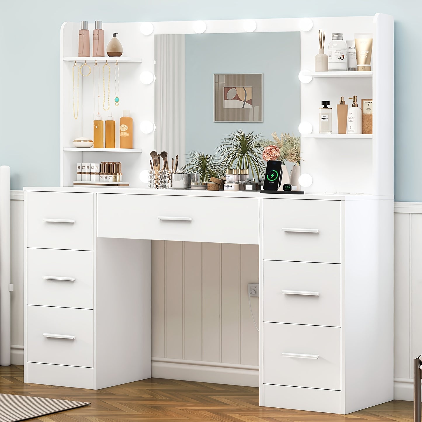 Luxus XXL-Schminktisch | LED-Beleuchtung & Integrierte Steckdose | 7 Schubladen, 4 Regale & 5 Haken | Maximale Organisation für Schlafzimmer & Bad