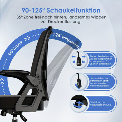 Airchros Ergonomischer Bürostuhl | Verstellbare Lendenwirbelstütze | Hochklappbare Armlehnen | Wippfunktion | Belastbar bis 150 kg