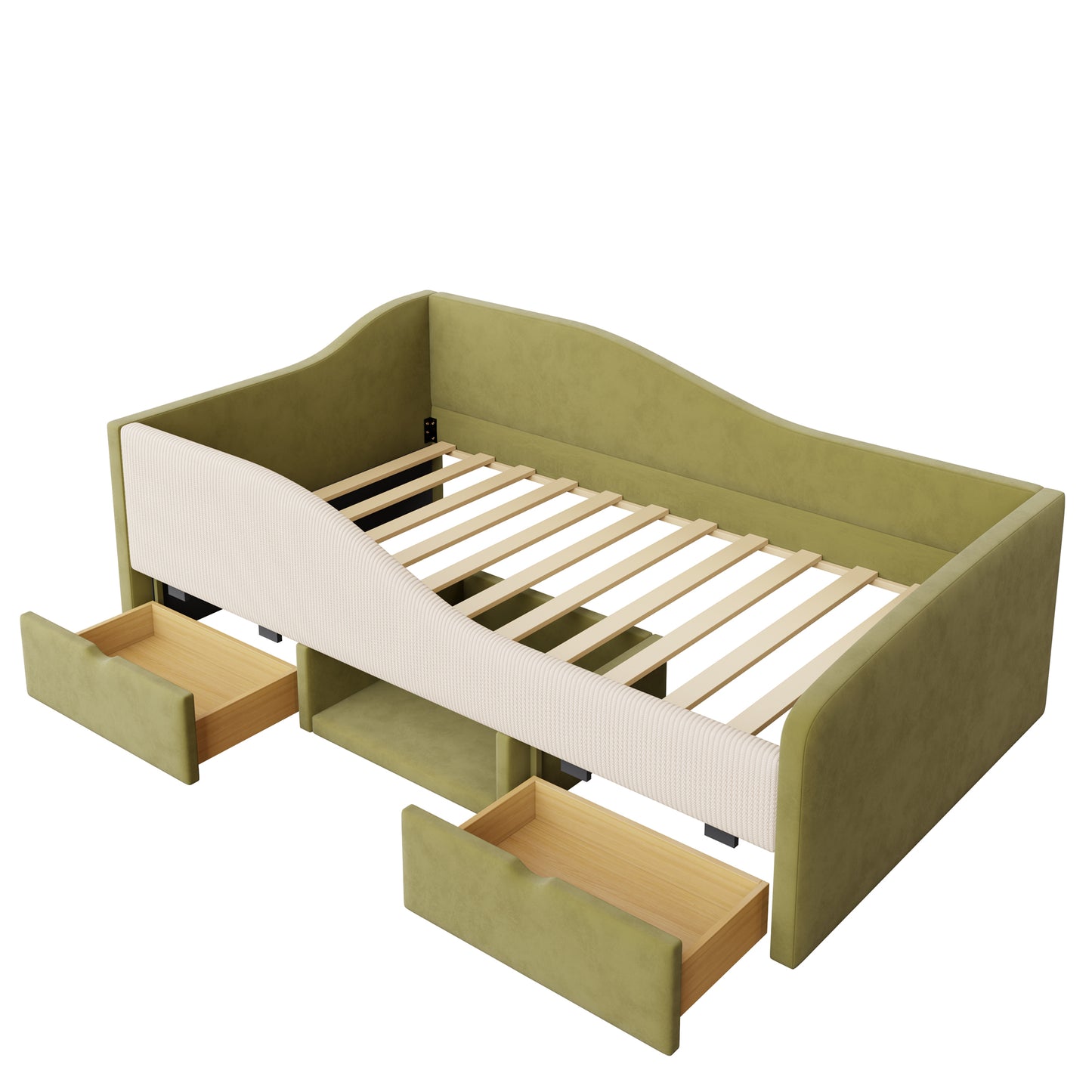 Multifunktionales Kinder- & Polsterbett 90x190 cm | Weicher Samtbezug | 2 Schubladen & Rausfallschutz | Dunkelgrün + Cremeweiß
