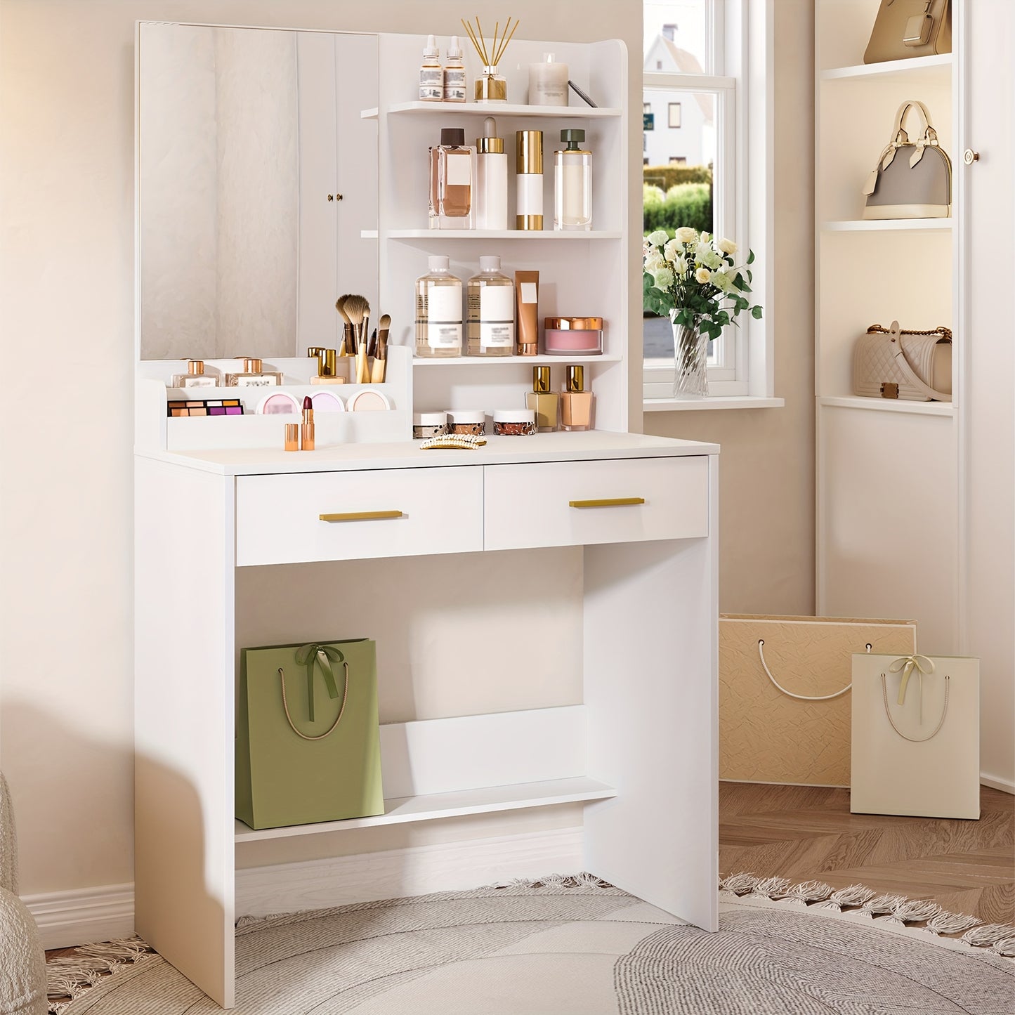 Moderner Schminktisch in Weiß | Kompakte Vanity Unit mit Spiegel | 4 offene Regale & 2 Schubladen | Elegantes Design für Schlaf- & Wohnzimmer
