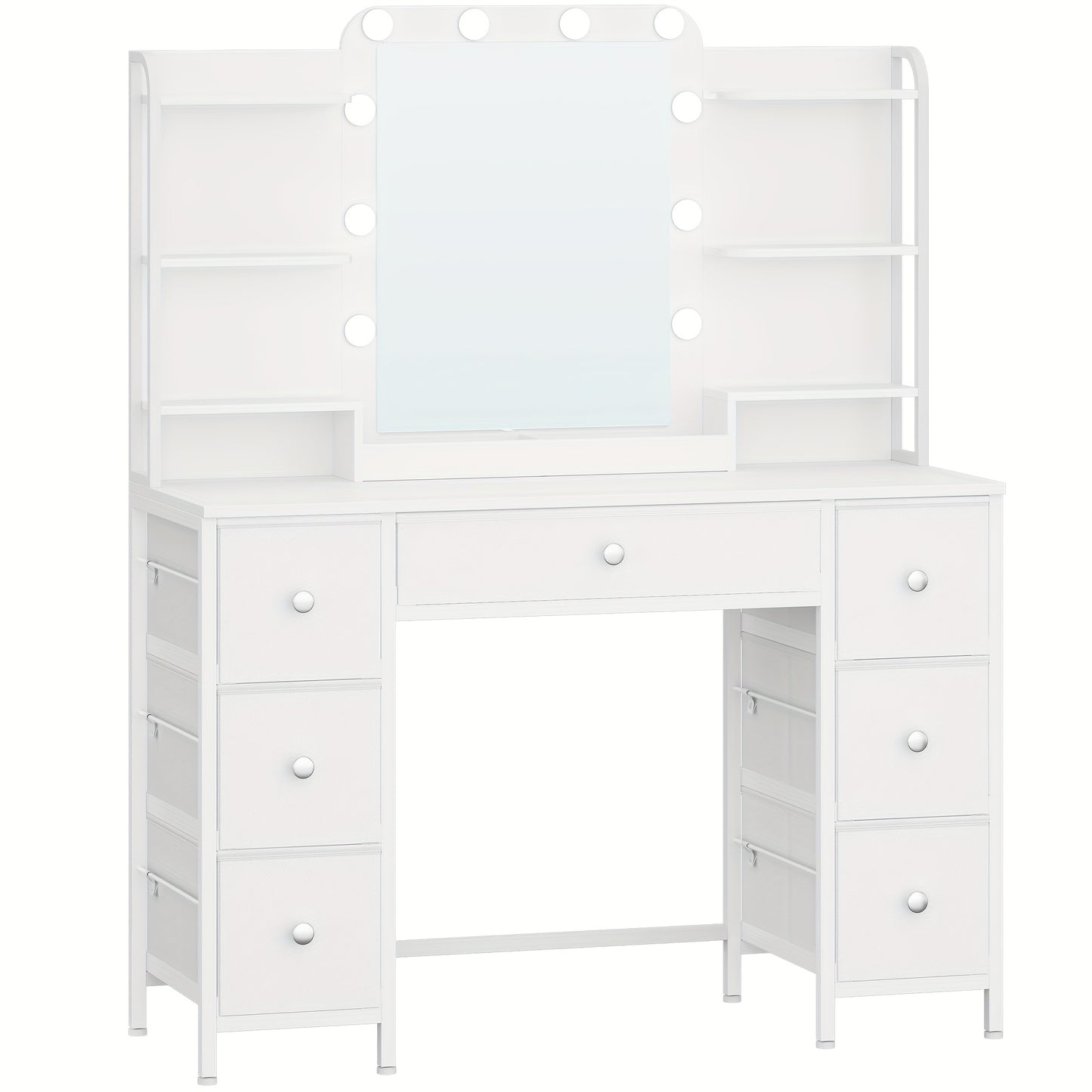 Design-Schminktisch Weiß | Robustes Eisen-Gestell & Stoff-Schubladen | LED-Beleuchtung | Großer HD-Spiegel | 7 Schubladen & 6 Regalfächer