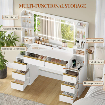 Moderner Schminktisch in Weiß | Großer Spiegel & 8 Schubladen | Inkl. Föhnhalter & Schmuck-Organizer | 135 X 145,2 cm