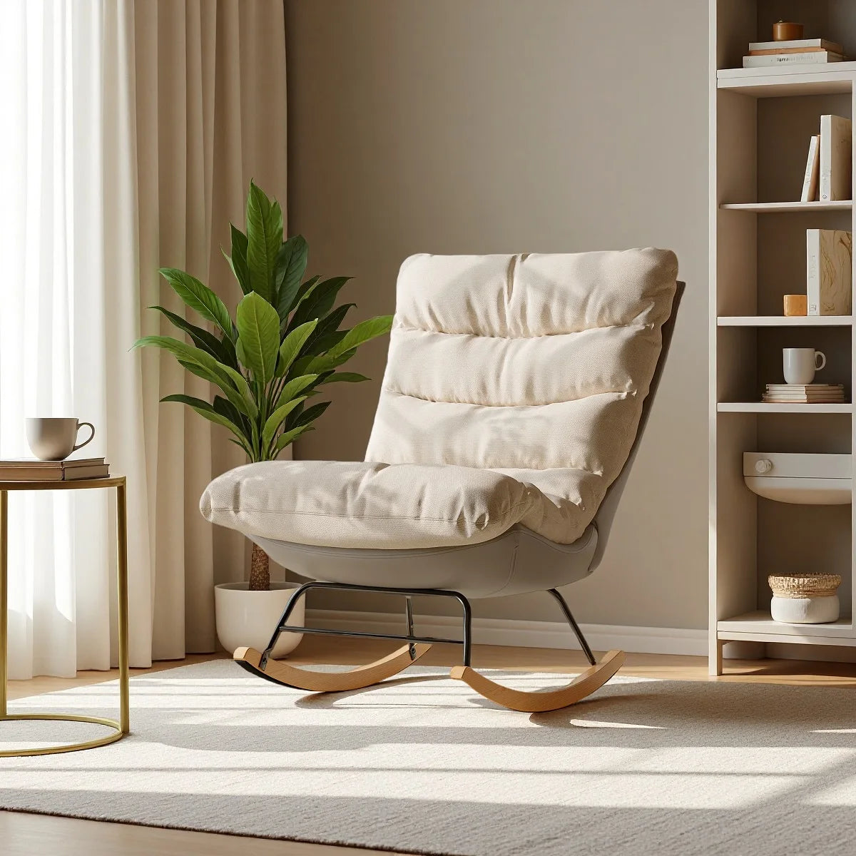 Premium Schaukelstuhl | Leinen-Mix & Massivholz | Beige/Grau