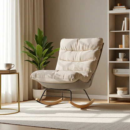 Premium Schaukelstuhl | Leinen-Mix & Massivholz | Beige/Grau