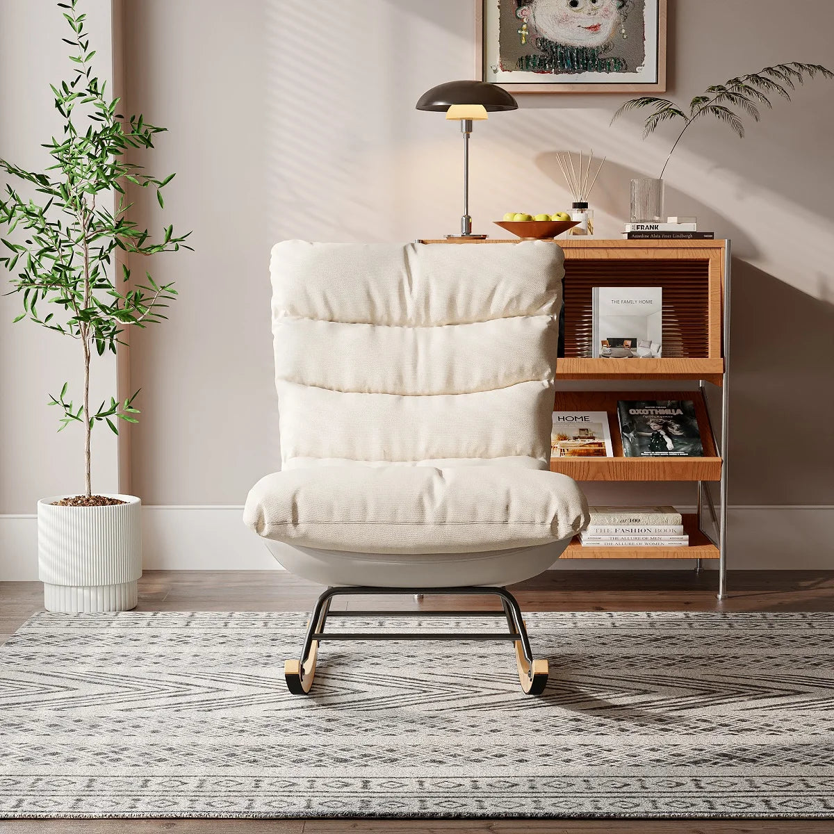 Premium Schaukelstuhl | Leinen-Mix & Massivholz | Beige/Grau