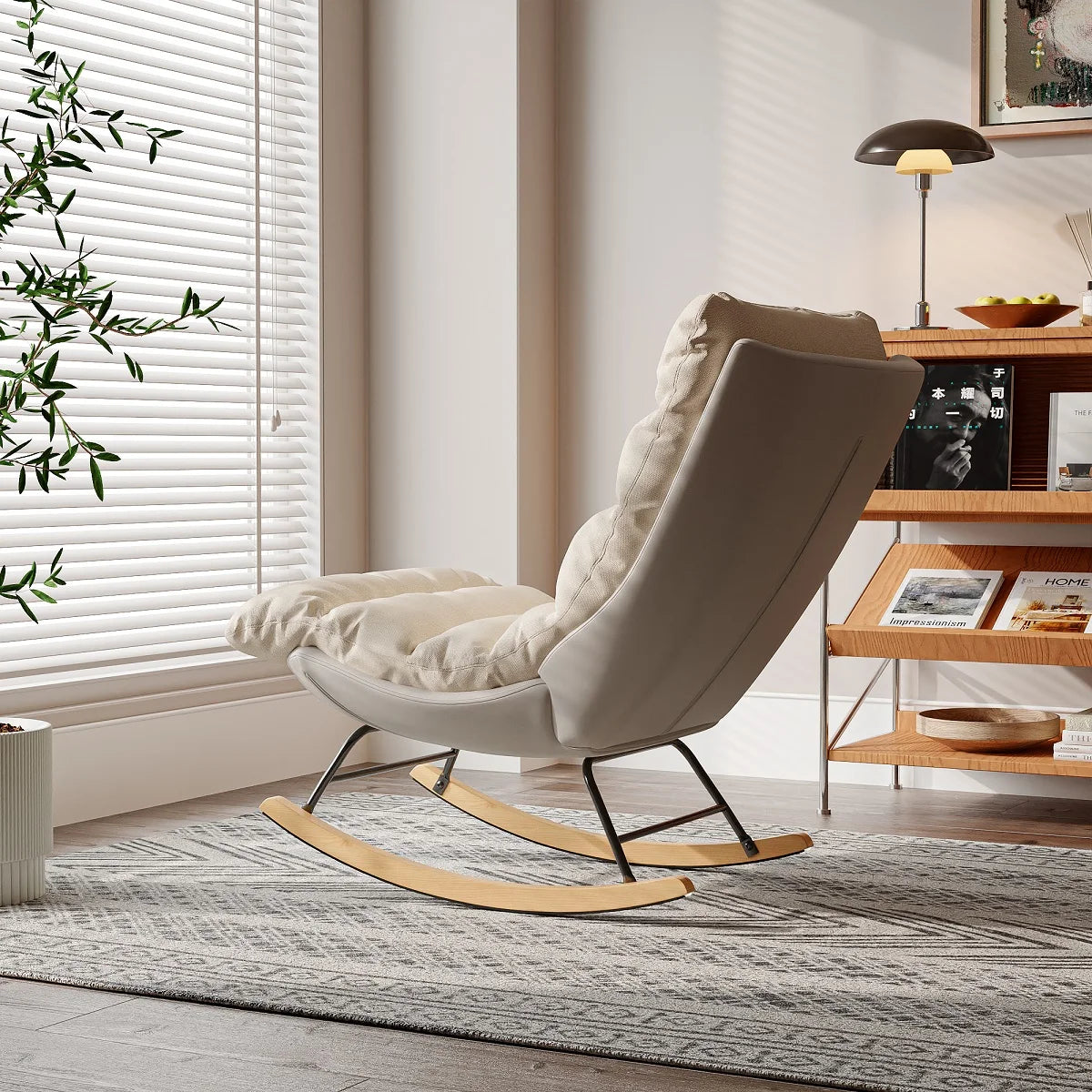 Premium Schaukelstuhl | Leinen-Mix & Massivholz | Beige/Grau