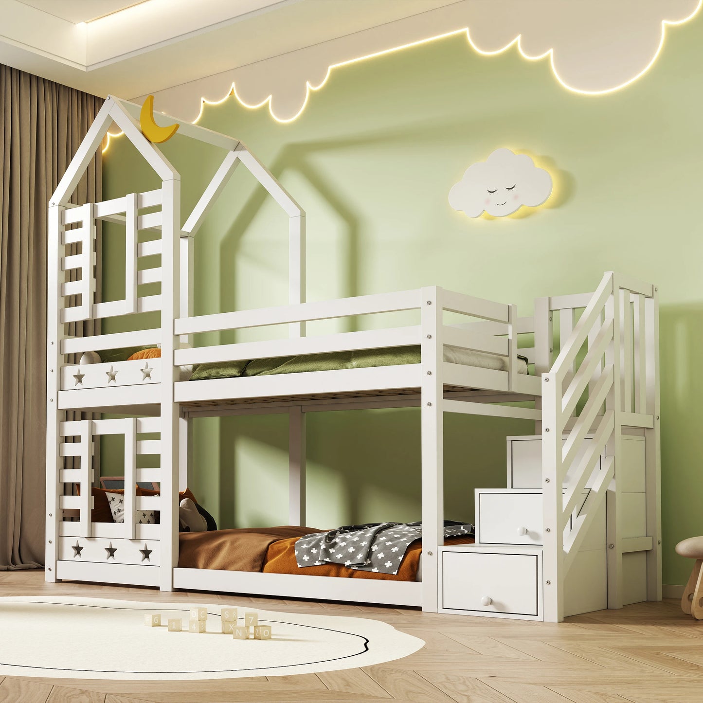 Kinder-Etagenbett "Sternennacht" mit Treppen-Stauraum | Haus-Design| Weiß (90 x 200 cm)