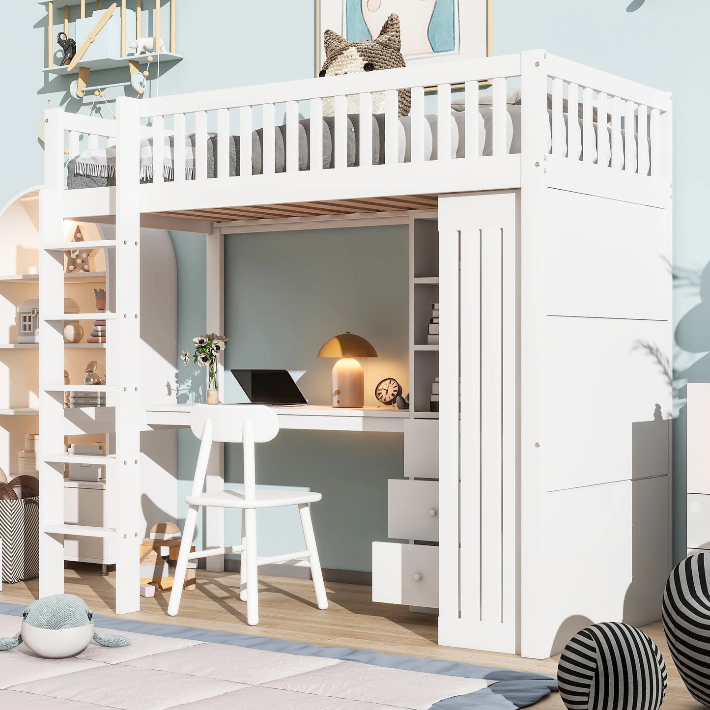 Premium Kinder-Hochbett mit integriertem Schreibtisch & Kleiderschrank | Kiefernholz | Weiß 90 x 200cm