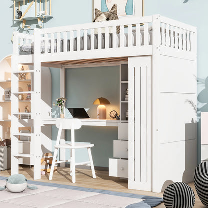 Premium Kinder-Hochbett mit integriertem Schreibtisch & Kleiderschrank | Kiefernholz | Weiß 90 x 200cm