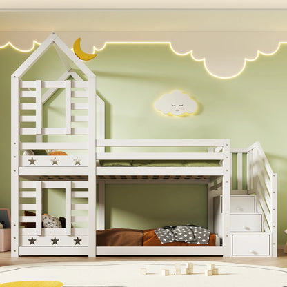 Kinder-Etagenbett "Sternennacht" mit Treppen-Stauraum | Haus-Design| Weiß (90 x 200 cm)