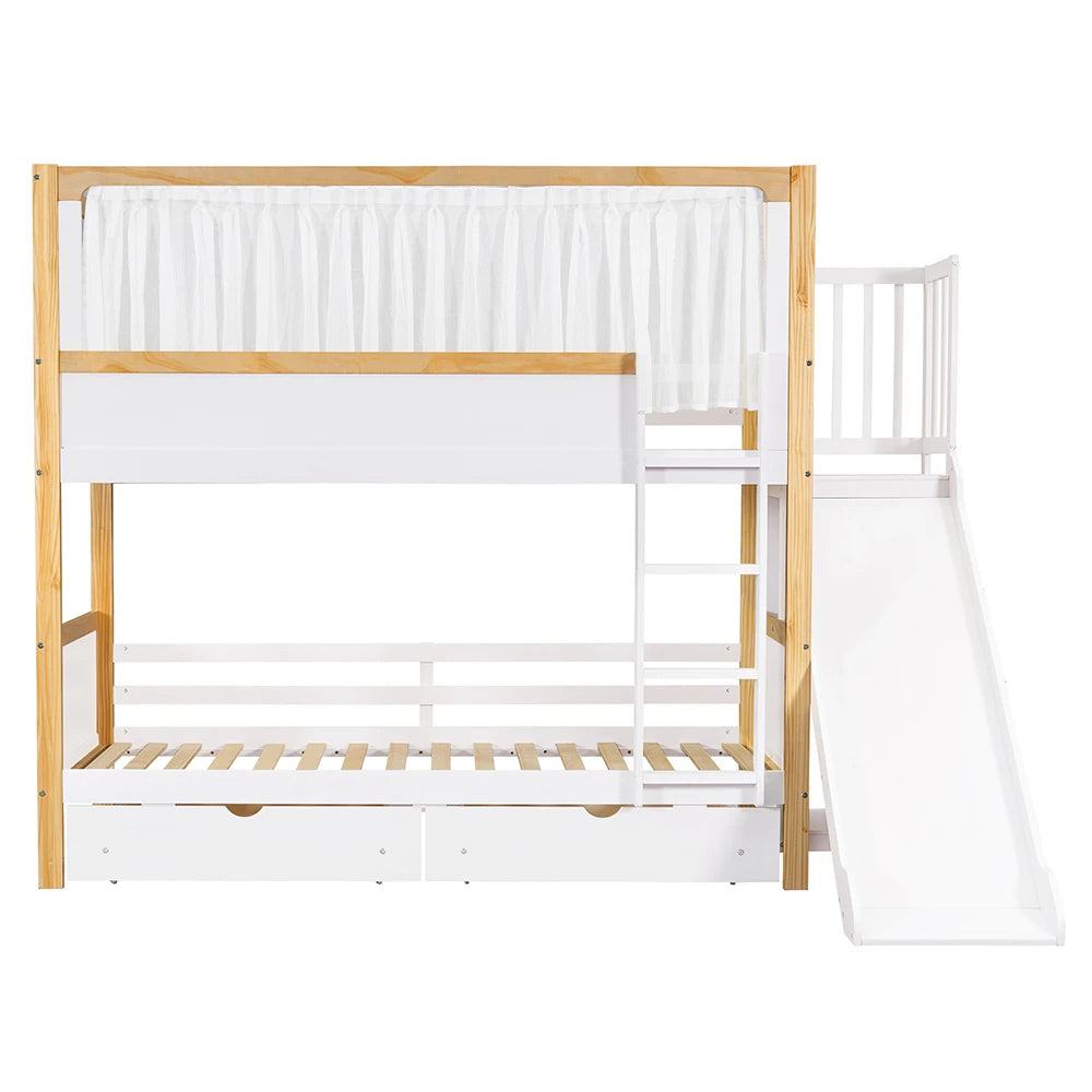 Abenteuer-Etagenbett mit Rutsche & Vorhang | XL-Schubladen | Massivholz-Kombination | Weiß (90 x 200cm)