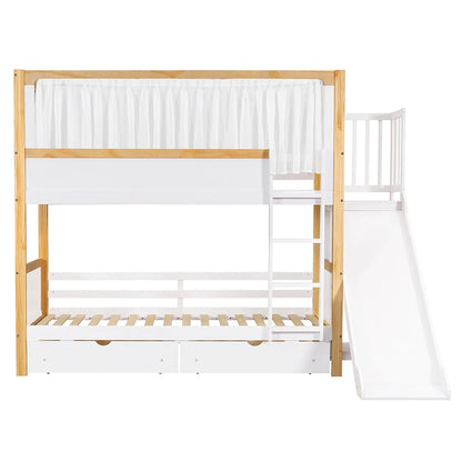 Abenteuer-Etagenbett mit Rutsche & Vorhang | XL-Schubladen | Massivholz-Kombination | Weiß (90 x 200cm)