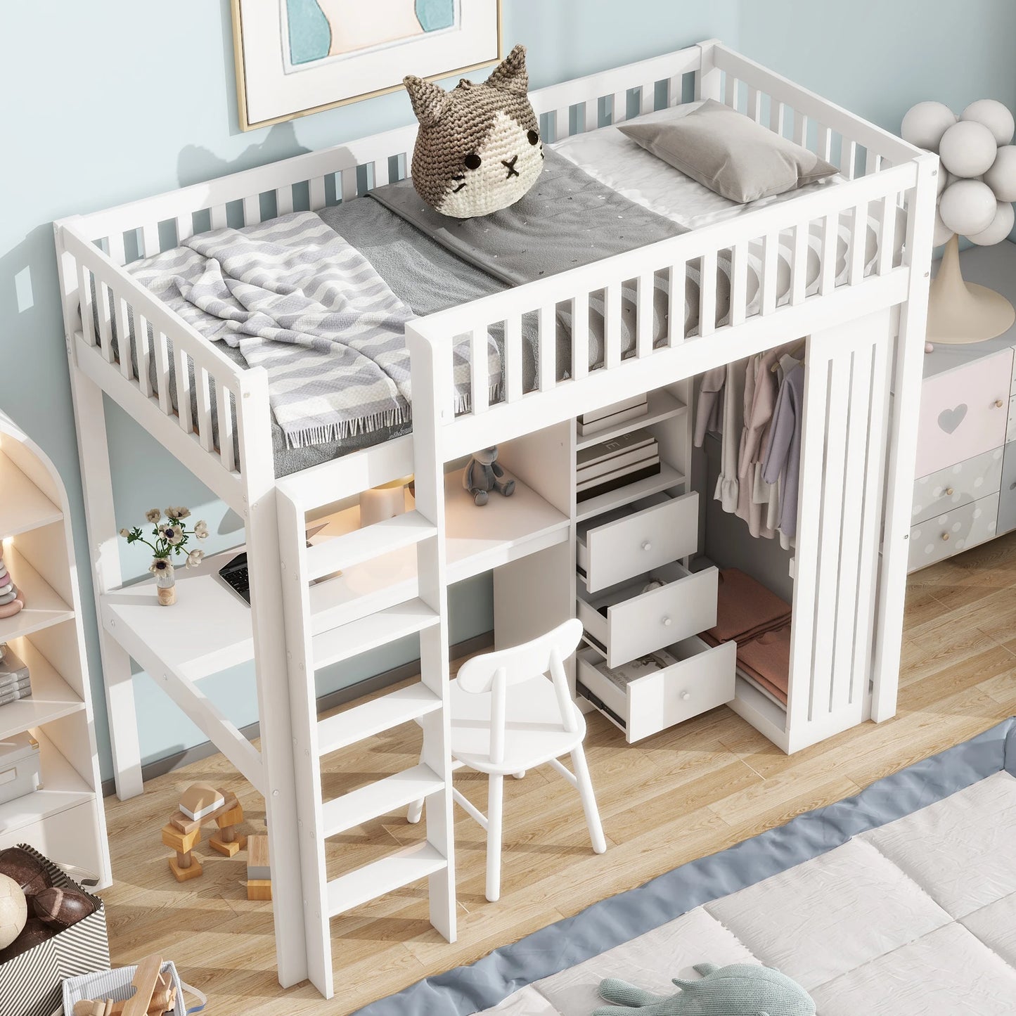 Premium Kinder-Hochbett mit integriertem Schreibtisch & Kleiderschrank | Kiefernholz | Weiß 90 x 200cm