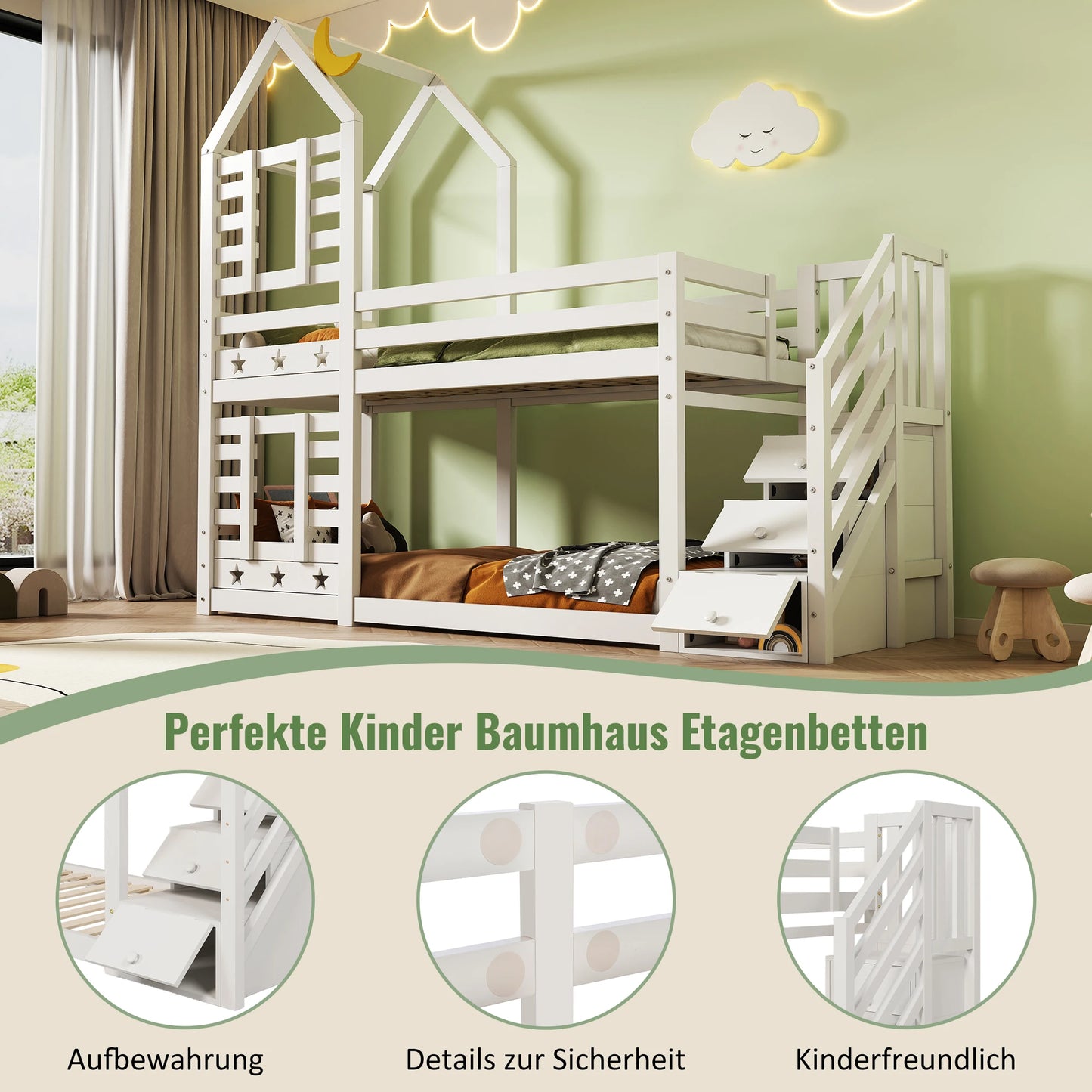 Kinder-Etagenbett "Sternennacht" mit Treppen-Stauraum | Haus-Design| Weiß (90 x 200 cm)