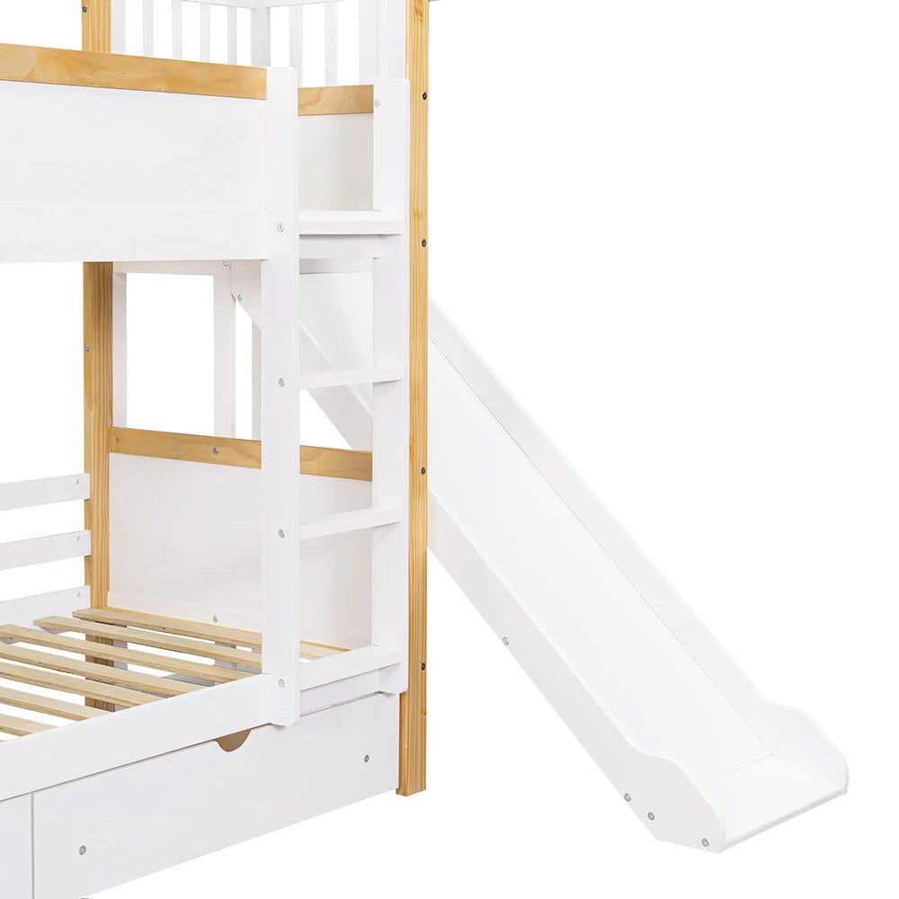 Abenteuer-Etagenbett mit Rutsche & Vorhang | XL-Schubladen | Massivholz-Kombination | Weiß (90 x 200cm)