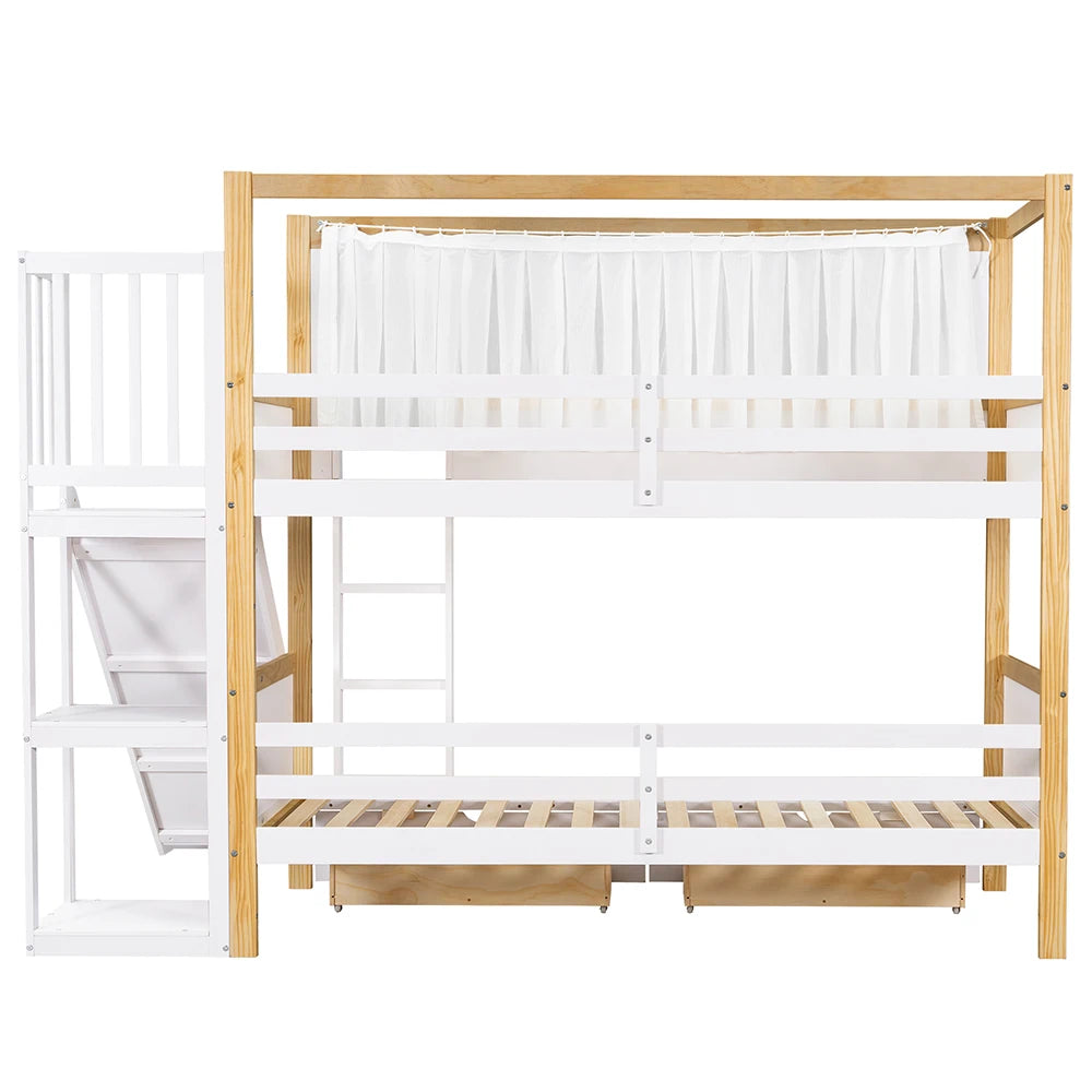 Abenteuer-Etagenbett mit Rutsche & Vorhang | XL-Schubladen | Massivholz-Kombination | Weiß (90 x 200cm)