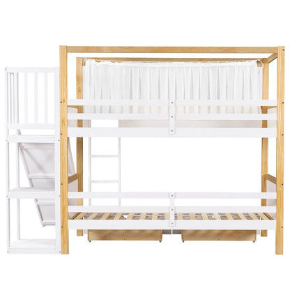 Abenteuer-Etagenbett mit Rutsche & Vorhang | XL-Schubladen | Massivholz-Kombination | Weiß (90 x 200cm)