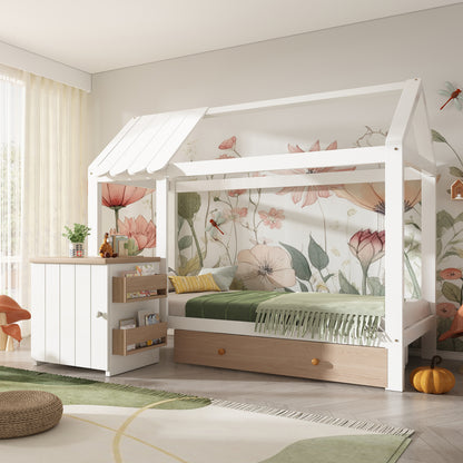 Kinderbett im Blockhaus-Design | 90x200 cm | Nachttisch Schublade | Modernes Hausbett