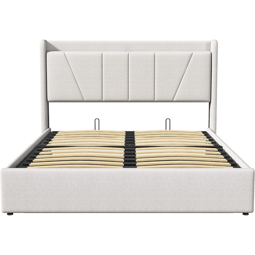 Design-Polsterbett mit USB & USB-C Ladestation | Hydraulik-Stauraum | Kopfteil mit Ablage | Leinen-Optik 160 X 200