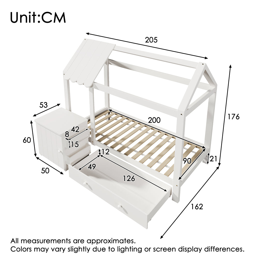 Kinderbett im Blockhaus-Design | 90x200 cm | Nachttisch Schublade | Modernes Hausbett