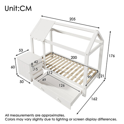 Kinderbett im Blockhaus-Design | 90x200 cm | Nachttisch Schublade | Modernes Hausbett