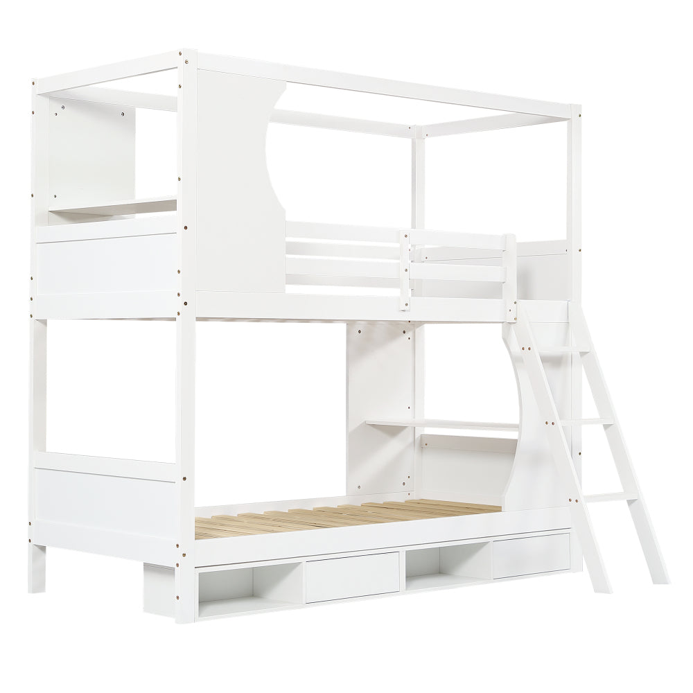 All-in-One Loftbett 90x200 cm | Integrierter Schreibtisch & 4-Fach Schuhschrank | Schräge Stauraum-Treppe | Cream-Style Design | Ideal für kleine Apartments