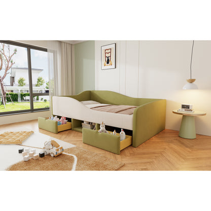 Multifunktionales Kinder- & Polsterbett 90x190 cm | Weicher Samtbezug | 2 Schubladen & Rausfallschutz | Dunkelgrün + Cremeweiß