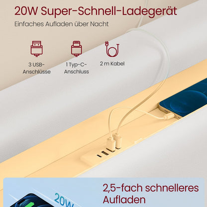 Design-Polsterbett 140x200 cm | Schwebendes Design mit LED-Ambiente | Hohes Kopfteil mit Ladestation