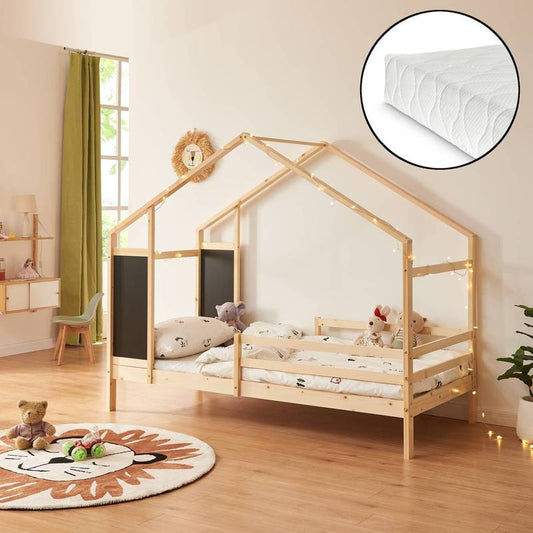 Komplett-Set: Kinder-Hausbett mit Matratze & Lattenrost | Rausfallschutz | Kiefer Massivholz (90 X 200 cm)