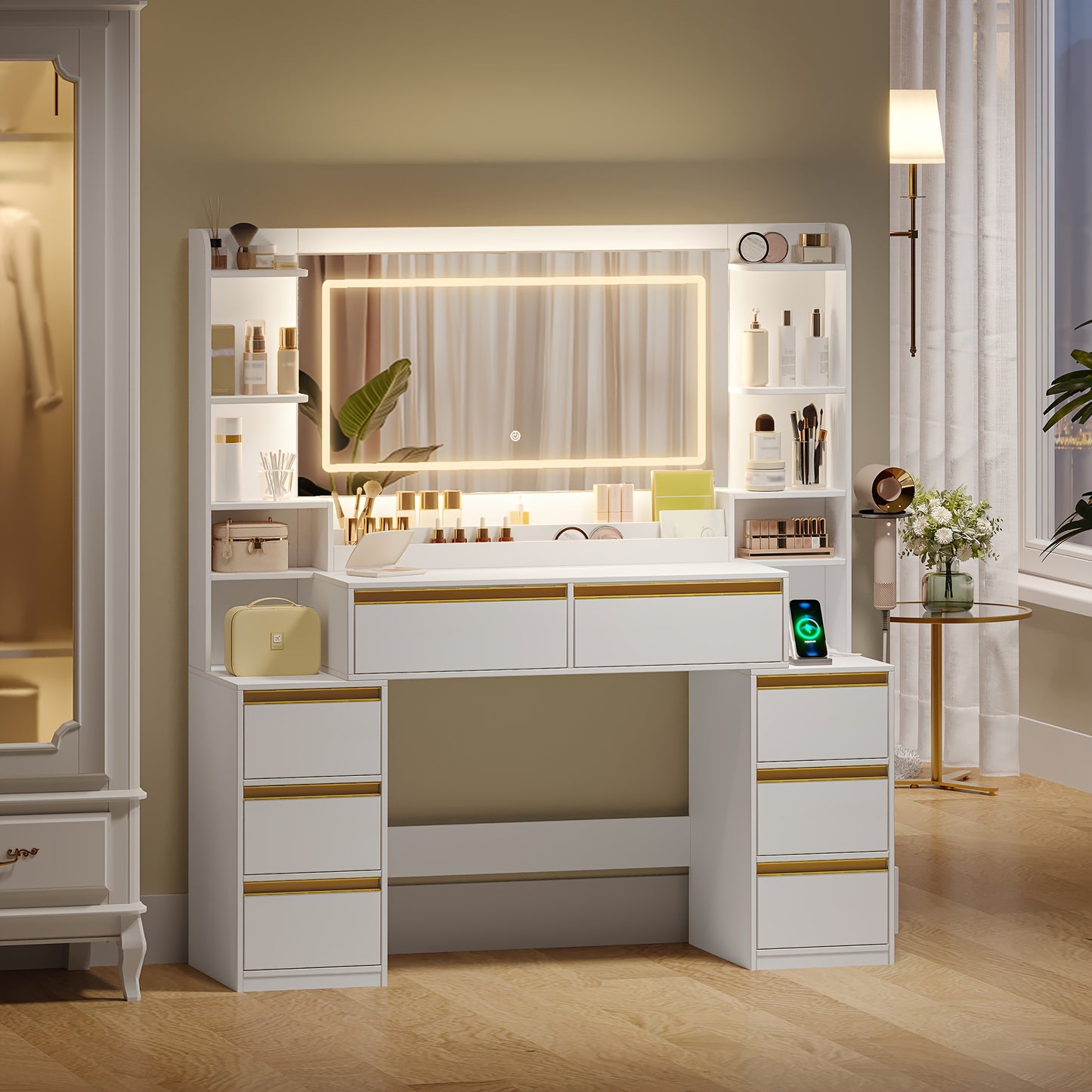 Moderner Schminktisch in Weiß | Großer Spiegel & 8 Schubladen | Inkl. Föhnhalter & Schmuck-Organizer | 135 X 145,2 cm