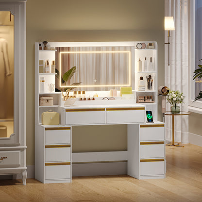 Moderner Schminktisch in Weiß | Großer Spiegel & 8 Schubladen | Inkl. Föhnhalter & Schmuck-Organizer | 135 X 145,2 cm