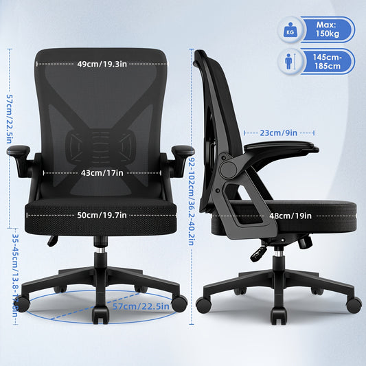 Airchros Ergonomischer Bürostuhl | Verstellbare Lendenwirbelstütze | Hochklappbare Armlehnen | Wippfunktion | Belastbar bis 150 kg