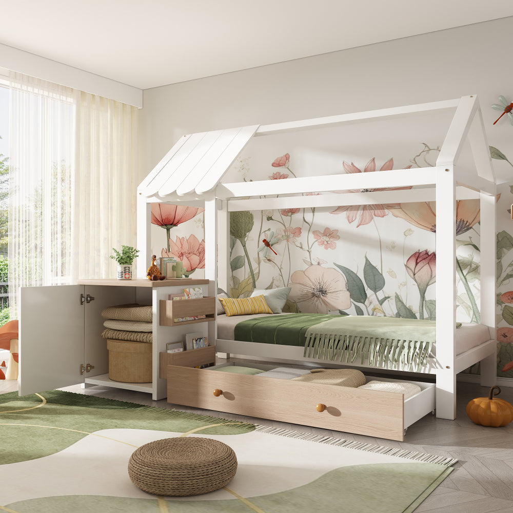 Kinderbett im Blockhaus-Design | 90x200 cm | Nachttisch Schublade | Modernes Hausbett