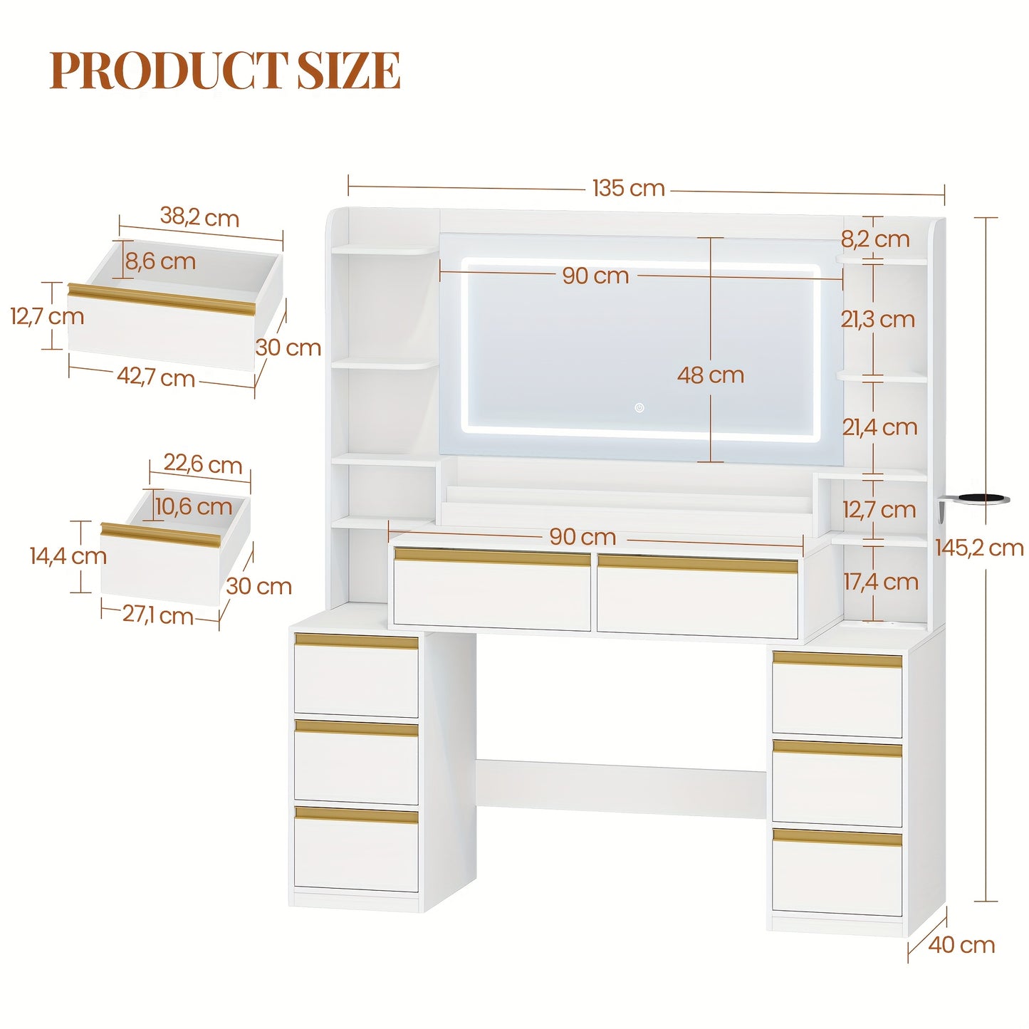 Moderner Schminktisch in Weiß | Großer Spiegel & 8 Schubladen | Inkl. Föhnhalter & Schmuck-Organizer | 135 X 145,2 cm