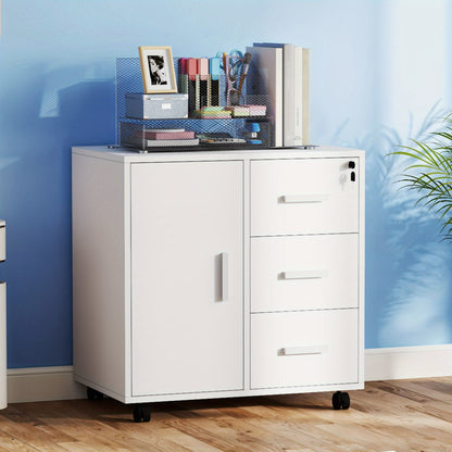 Mobiler Rollcontainer in Weiß | Abschließbarer Büroschrank (57 X 40cm) | 3 Schubladen & Druckablage | 4 leichtgängige Rollen | Minimalistischer Stil