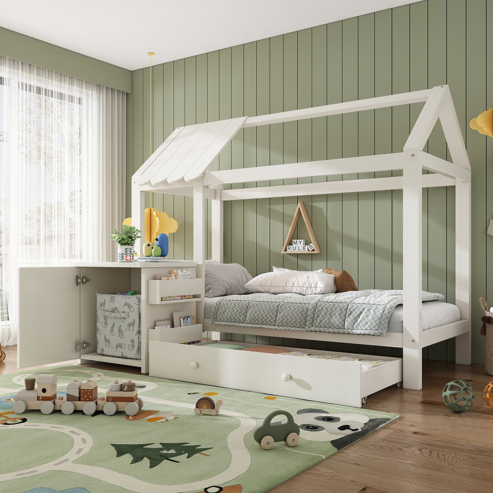 Kinderbett im Blockhaus-Design | 90x200 cm | Nachttisch Schublade | Modernes Hausbett